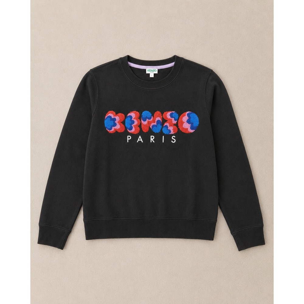 Kenzo Paris Black Cotton Sweatshirt Chenille Logo Pullover Small streetwear
